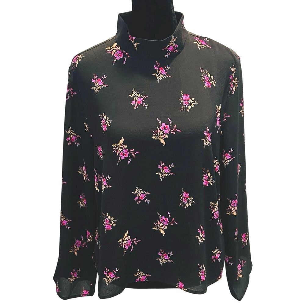 NWOT BP Black Floral Mock Neck Blouse Size M Sheer Long Sleeve Top